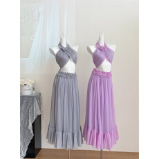 批发实拍绝美海岛度假纯欲辣妹设计感交叉挂脖立体花朵大摆长裙两件套