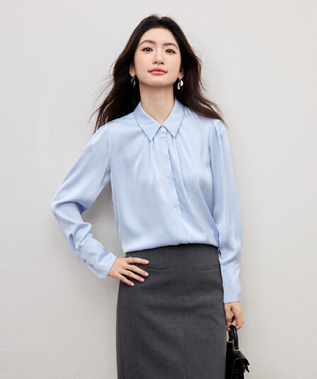 파란색 긴팔 여성 셔츠 봄 프랑스식 고급 센스 품격 맨위 면접 직장 출퇴근 경력 착용 가져 가라. 셔츠