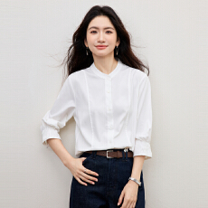 批发夏季法式风琴褶七分袖<b class='q'>衬衫</b>女2026新款蓝色立领设计感<b class='q'>衬衣</b>通勤<b class='q'>职业</b>