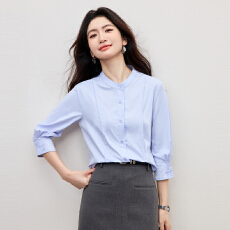 批发夏季法式风琴褶七分袖<b class='q'>衬衫</b>女2026新款蓝色立领设计感<b class='q'>衬衣</b>通勤<b class='q'>职业</b>
