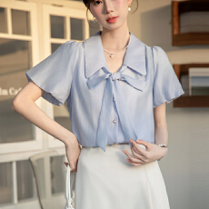 批发蓝色短袖<b class='q'>衬衫</b><b class='q'>女</b>士夏款轻职场<b class='q'>职业</b>面试百搭通勤法式气质上衣<b class='q'>衬衣</b><b class='q'>女</b>