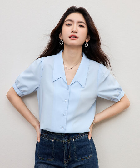 파란색 쉬폰 2026 섹션 봄 가을 맨위 여성 고급 센스 직장 출퇴근 착용 가져 가라. 셔츠 면접 반팔 셔츠