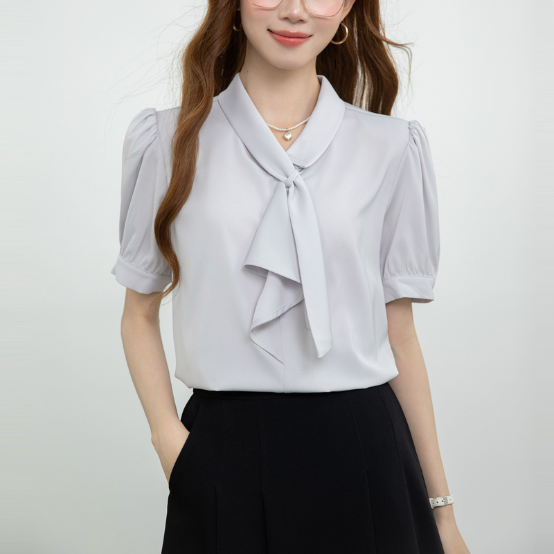 회색 새틴 나비 넥타이 반팔 여성 셔츠 여름 새로운 면접 긍정적 인 로드 중 빛 경력 출퇴근 맨위