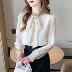 批发实拍2026春季新款法式设计感小众亮片蝴蝶结雪纺衫<b class='q'>衬衫女</b>