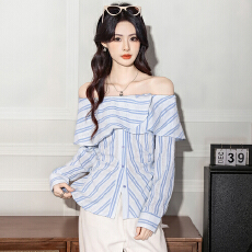 批发实拍2026法式<b class='q'>条纹</b>长袖<b class='q'>衬衫</b>春季新款一字肩荷叶领褶皱收腰显瘦上衣