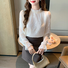 批发2026春季实拍法式荷叶边立领长袖蕾丝刺绣衫女时尚显瘦套头上衣