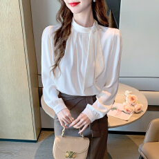 批发2026春季实拍法式高级感立领缎面衬衫女<b class='q'>长袖</b>气质飘带衬衣醋酸上衣