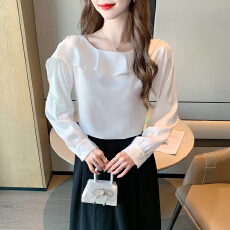 批发2026春季实拍法式别致荷叶边v领<b class='q'>长袖</b>衬衫气质百搭显瘦<b class='q'>雪纺</b><b class='q'>衫</b>上衣