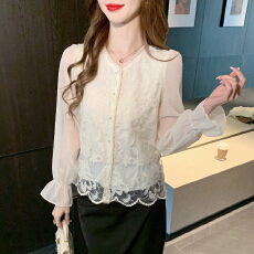 批发2026春季实拍时尚法式轻熟小众上衣v领蕾丝衫花边衬衫<b class='q'>女长袖</b>小衫