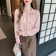 批发2026春季实拍韩国百搭立领侧绑带缎面衬衫长袖气质休闲小众上衣女