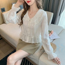 批发2026春季实拍法式娃娃领系带<b class='q'>雪纺</b>衫女刺绣荷叶边百搭小衫绝美上衣