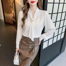 批发2026春季实拍v领飘带雪纺衬衫女时尚上衣职场轻熟风长袖高级感