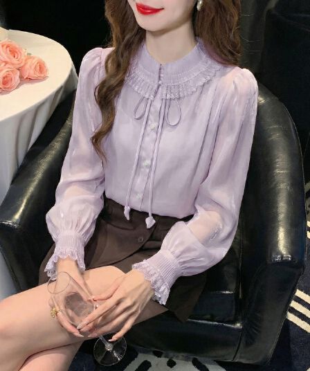 2026 가을 실사 프랑스식 부드러운 바람 레이스 프릴 레이스업 여성 셔츠 거품 소매 작은 셔츠 긴팔 맨위