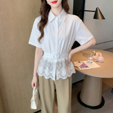 批发2026夏季新款实拍韩版蕾丝拼接<b class='q'>衬衫</b>女配腰带收腰显瘦气质上衣