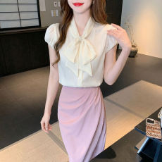 2026实拍夏季气质珍珠蝴蝶结短袖天丝衬衫女绑带泡泡袖上衣