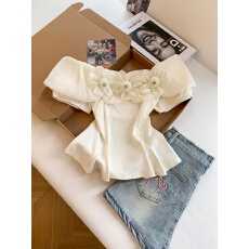 批发2026实拍夏季新款法式甜美风立体花朵一字肩上衣女修身<b class='q'>收腰</b>衬衫
