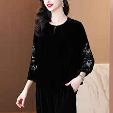 批发杭州<b class='q'>真丝</b>丝绒<b class='q'>上衣</b><b class='q'>女</b>2025秋款中式国风宽松腰刺绣桑蚕丝衬衣