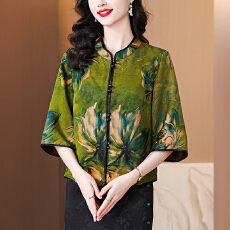 批发2025秋季新中式印花香云纱真丝上衣女七分袖立领桑蚕丝开衫<b class='q'>妈妈装</b>