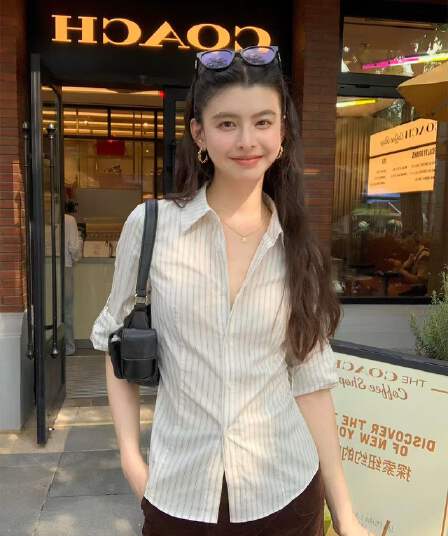 pusumede 지능 로밍 소금 부서 스트라이프 폴로 칼라 셔츠 여성 긴 소매 셔츠 품격 몸매 가꾸기 스택 착용 맨위