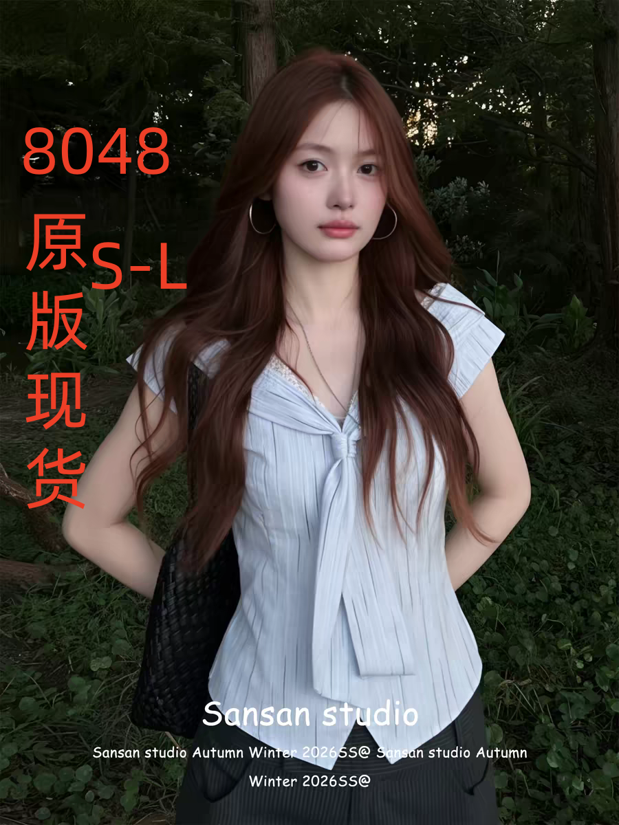 한 부서 V넥 반팔 여성 셔츠 여름 착용 가져 가라. 레이스 레이스 셔츠 작은 셔츠 슬림해 보이는 학원 스타일 파란색 맨위