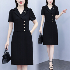 批发实拍2026新款大码女装夏季时尚收腰显瘦<b class='q'>西装</b>连衣裙气质短袖小黑裙