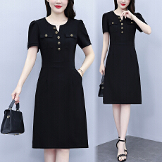 批发实拍2026夏季新款大码女装时尚半开圆领收腰显瘦中长款气质连衣裙