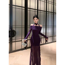 批发喇叭袖性感一字肩抹胸网纱<b class='q'>高腰</b>显身材辣妹风包臀<b class='q'>连衣裙</b>