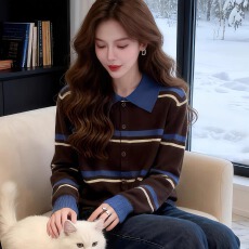 批发撞色条纹翻领羊毛针织开衫女<b class='q'>欧洲站</b>2025秋装新款欧货女装短外套潮