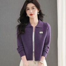 批发翻拉链短款羊毛针织开衫女春秋小个子<b class='q'>妈妈装</b>高腰毛衣外套