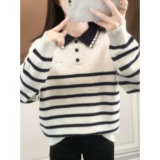 批发初中生娃娃领条纹毛衣打底衫少女秋冬学院风高中学生大童针织上衣