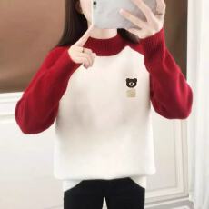 批发初中高中学生半高领拼色小熊毛衣少女秋冬加厚内搭大童打底针织衫