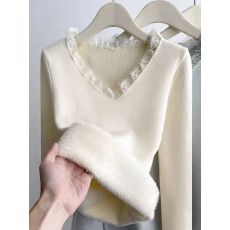 批发一体绒加厚针织毛衣蕾丝打底衫<b class='q'>女</b>2025新款秋冬纯色V领修身保暖