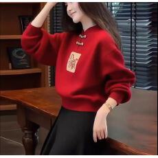 批发新中式国风盘扣白马时尚百搭<b class='q'>大码</b>针织毛衣秋冬时尚本命年马年上衣