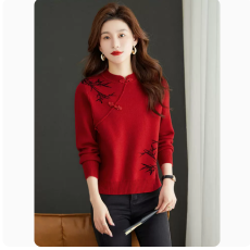 批发<b class='q'>中国风</b>红色毛衣女秋冬龙年本命年上衣中式盘扣打底衫2024新年衣服