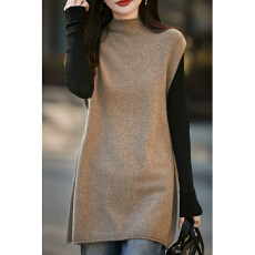 批发极简风半高领中<b class='q'>长款</b>纯羊毛针织马甲女宽松叠穿背心百搭毛衣坎肩潮