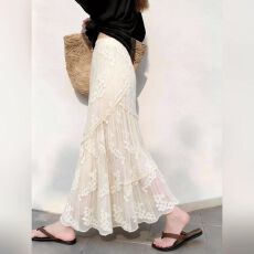 批发有货~ 法式甜美白色蕾丝半身裙女高腰花边拼接长裙显瘦2026春百搭