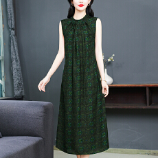 批发有货~实拍真丝<b class='q'>连衣裙</b>夏季中式复古国风立领中长裙妈妈<b class='q'>印花</b>裙子