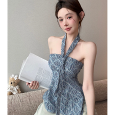 批发3263实拍实价<b class='q'>百搭</b>外穿纯欲性感辣妹流苏条纹菱格剪花牛仔抹胸上衣