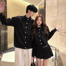 批发2026年春季新款黑色长袖麂皮绒千金风情侣装，女裙66，<b class='q'>男</b>上衣59