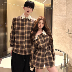 批发2026年春季新款露肩格子<b class='q'>衬衫</b><b class='q'>情侣装</b>，女<b class='q'>衬衫</b>含腰带56，男<b class='q'>衬衫</b>45