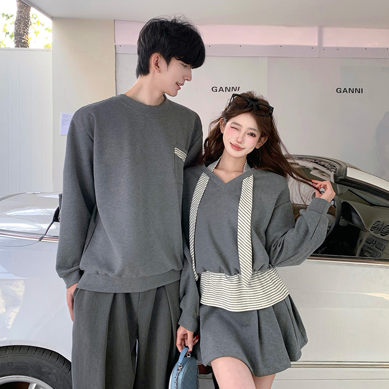 2026 년 봄 새로운 회색 스트라이프 패치워크 V넥 페이크 레이어드 후드티 여성복 88 원 남성 의류 49 원