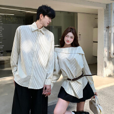 批发2026年春季新款设计感条纹<b class='q'>衬衫</b>情侣装，女衣52，含腰带，男衣45