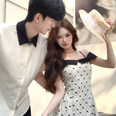 批发2026年春季新款波点格子女裙男上衣情侣装，女裙73，男上衣48