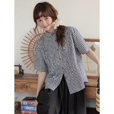 批发已出货实拍2026夏季日系荷叶边拼接元宝娃娃领纯棉格子<b class='q'>衬衫</b>上衣