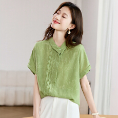 批发已出货实拍2026夏季新款亚麻提花不对称翻领衬衫女
