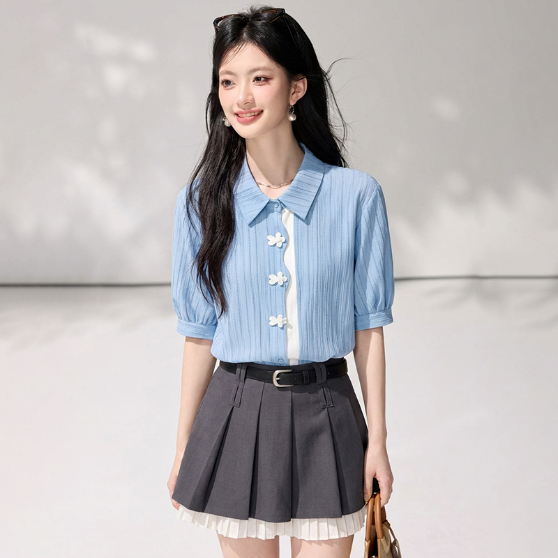 RY2035# 已出货2026夏季新款设计感拼接条纹衬衣上衣