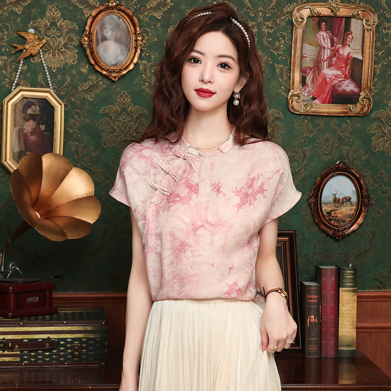 RY2034# 已出货2026实拍新中式 夏季短袖气质小衫斜襟盘扣t恤