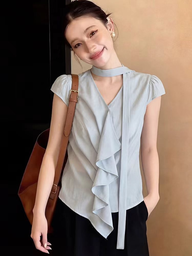 RY2033# 2026夏季条纹衬衫女V领飞飞袖飘带系带上衣