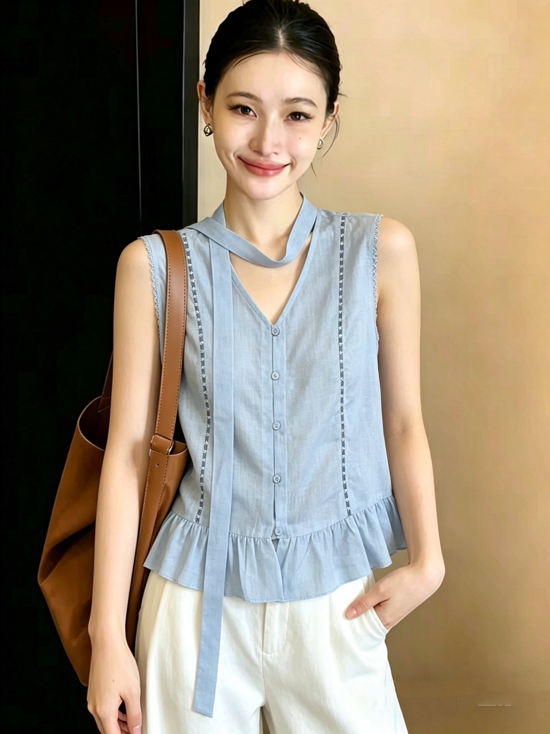 재고 있음 2026 여름 새로운 달콤한 스타일 리본 V넥 스택 착용 조끼 작은 청신 셔츠