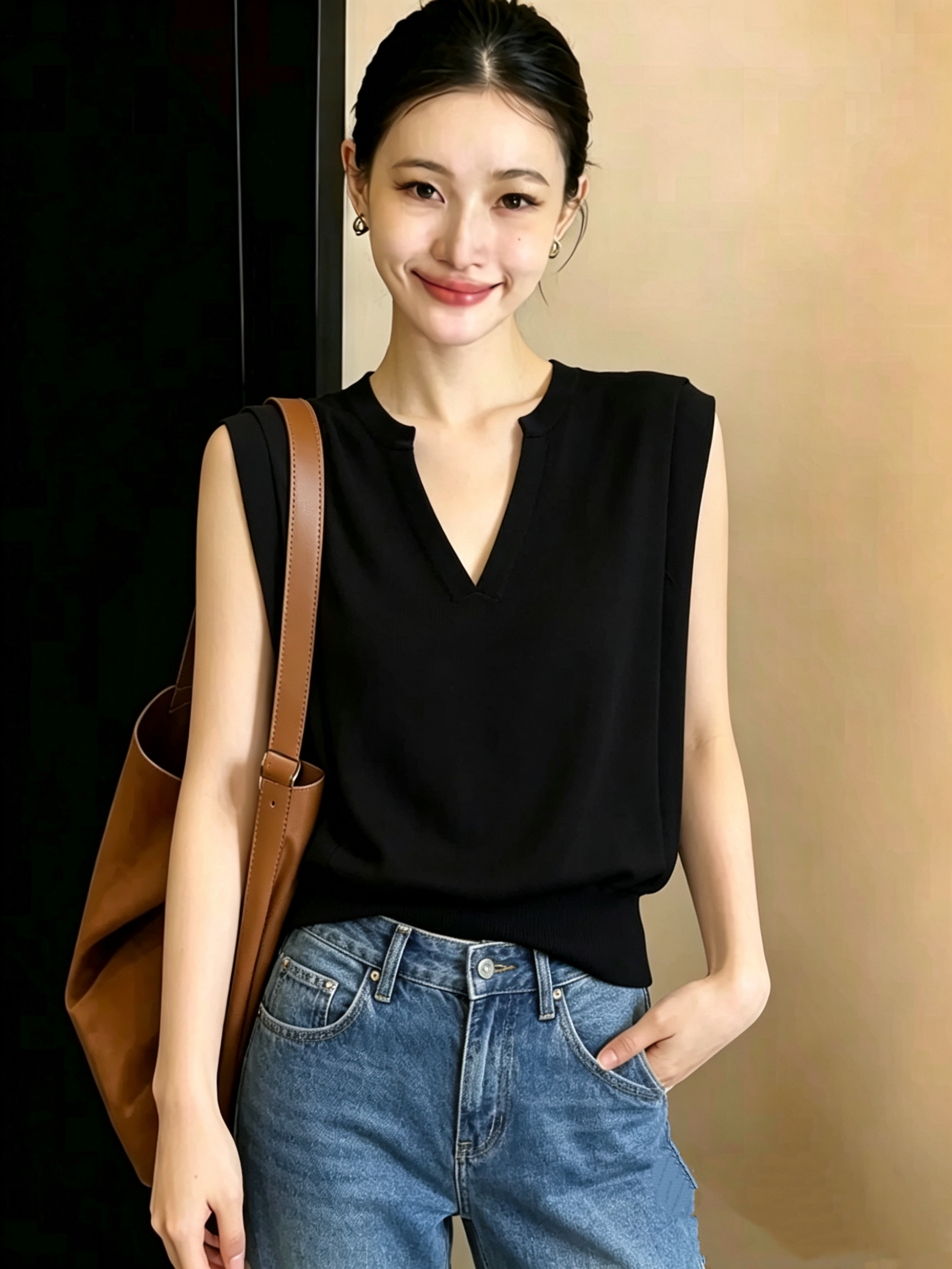 재고 있음 2026 여름 새로운 민소매 표지 고기 허리 수축 V넥 주간 실크 니트 스웨터